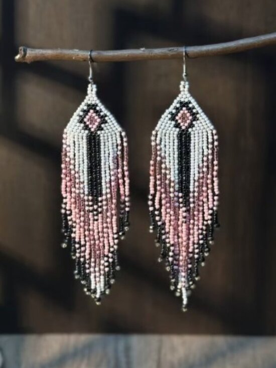 AHAYA Jewelry - Bohemian Style Beaded Tassel Earrings Handcrafted Glass Seed Bead Dangles Pink
